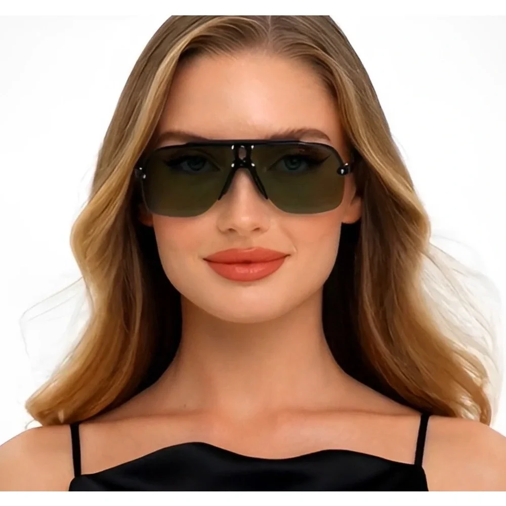 Women Oversize Shield Sunglasses Black Lens Luxury Rimless Bottom Square Shades‎
